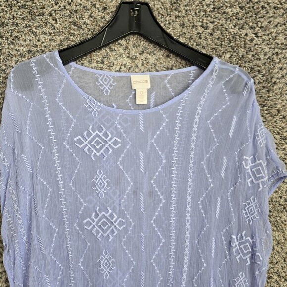 Chicos Top Womens 0 US Small Blue Sheer Embroidered Chiffon Blouse Ladies - Picture 4 of 8